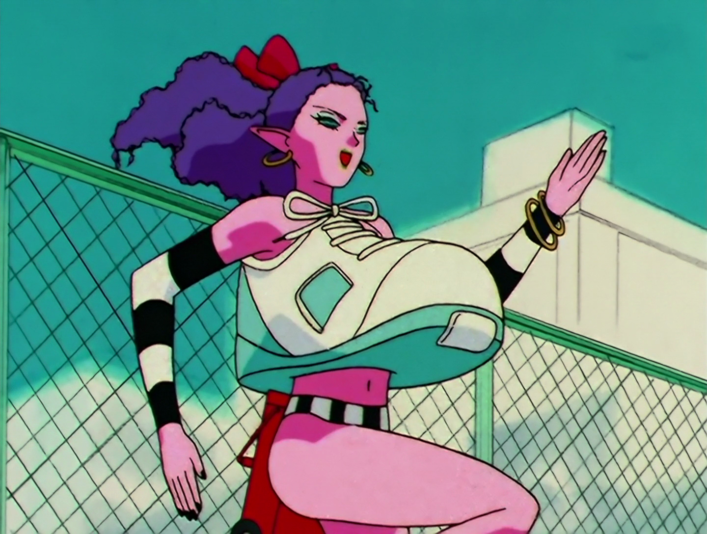 Hurdler, a Daimon from Sailor Moon episode 106. She has pink skin and purple hair, and really, the main thing to know about her is that her top is a giant running shoe. The rest of her outfit has black and white stripes, and she has a line striping machine on her back. You know, one of those things they use to paint the white lines on running tracks?